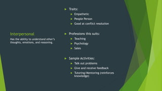 Interpersonal
 Traits:
 Empathetic
 People Person
 Good at conflict resolution
 Professions this suits:
 Teaching
 Psychology
 Sales
 Sample Activities:
 Talk out problems
 Give and receive feedback
 Tutoring/Mentoring (reinforces
knowledge)
Has the ability to understand other’s
thoughts, emotions, and reasoning.
 