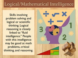 Logical/Mathematical Intelligence
Skills involving
problem solving and
logical or scientiﬁc
thinking. Logical
reasoning is closely
linked to “ﬂuid
intelligence.” People
with this intelligence
may be good at math
problems, critical
thinking, and reasoning.
 