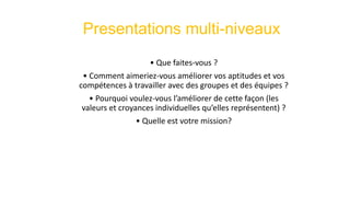 Presentations multi-niveaux
• Que faites-vous ?
• Comment aimeriez-vous améliorer vos aptitudes et vos
compétences à travailler avec des groupes et des équipes ?
• Pourquoi voulez-vous l’améliorer de cette façon (les
valeurs et croyances individuelles qu’elles représentent) ?
• Quelle est votre mission?
 