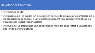 • Le feedback positif
• Effet pygmalion : le simple fait de croire en la réussite de quelqu’un améliore ainsi
ses probabilités de succès. • Les employés calquent leur comportement sur les
croyances de leur(s) responsable(s)
• Effet Golem : Se traduit par une performance moindre sous l’effet d’un potentiel
jugé limité par une autorité
Développer l’humain
 