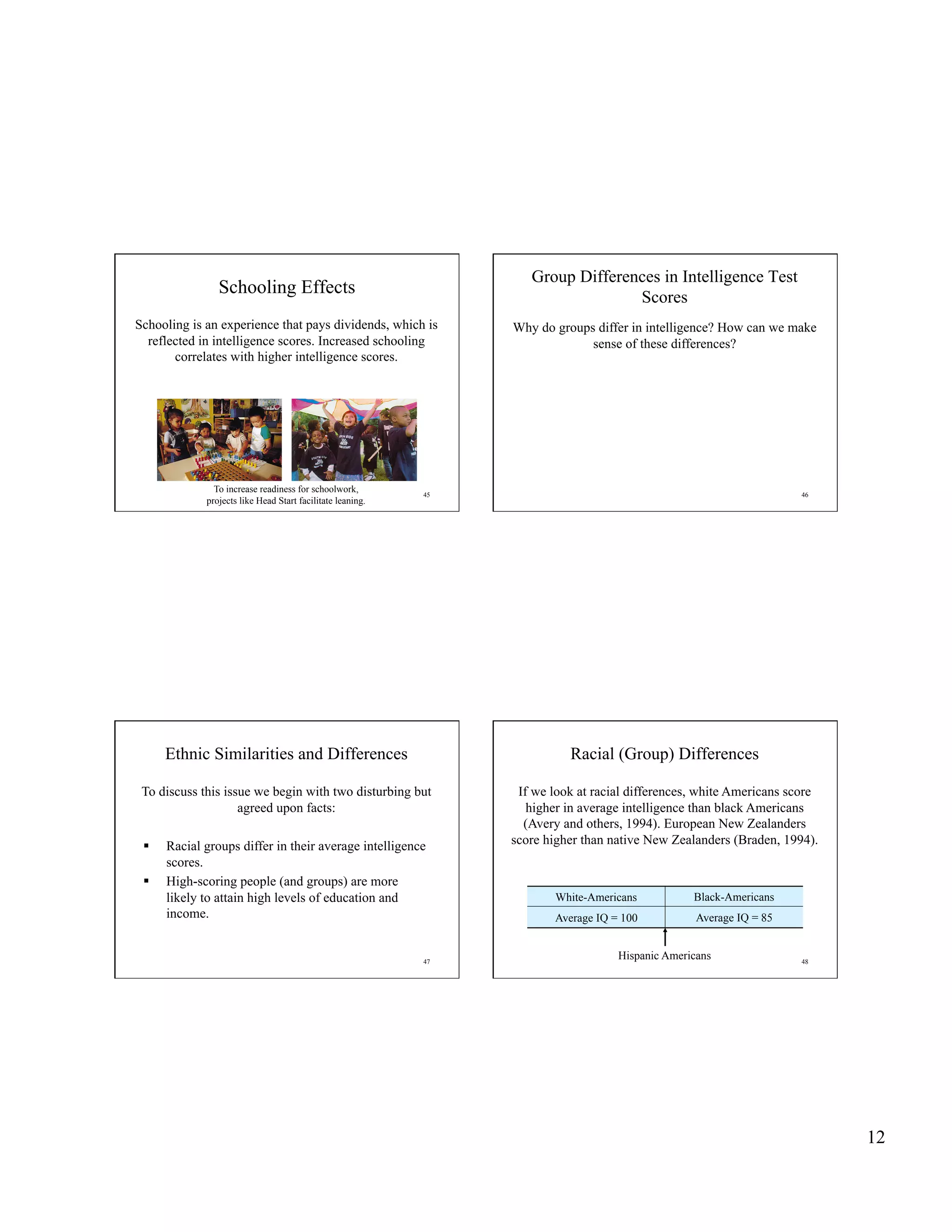 Group Differences in Intelligence Test
                Schooling Effects                                                 Scores
Schooling is an experience that pays dividends, which is         Why do groups differ in intelligence? How can we make
  reflected in intelligence scores. Increased schooling                       sense of these differences?
       correlates with higher intelligence scores.




               To increase readiness for schoolwork,
                                                            45                                                        46
             projects like Head Start facilitate leaning.




      Ethnic Similarities and Differences                                  Racial (Group) Differences

 To discuss this issue we begin with two disturbing but           If we look at racial differences, white Americans score
                    agreed upon facts:                              higher in average intelligence than black Americans
                                                                   (Avery and others, 1994). European New Zealanders
     Racial groups differ in their average intelligence         score higher than native New Zealanders (Braden, 1994).
      scores.
     High-scoring people (and groups) are more
      likely to attain high levels of education and                      White-Americans           Black-Americans
      income.                                                            Average IQ = 100           Average IQ = 85


                                                            47
                                                                                     Hispanic Americans               48




                                                                                                                            12
 