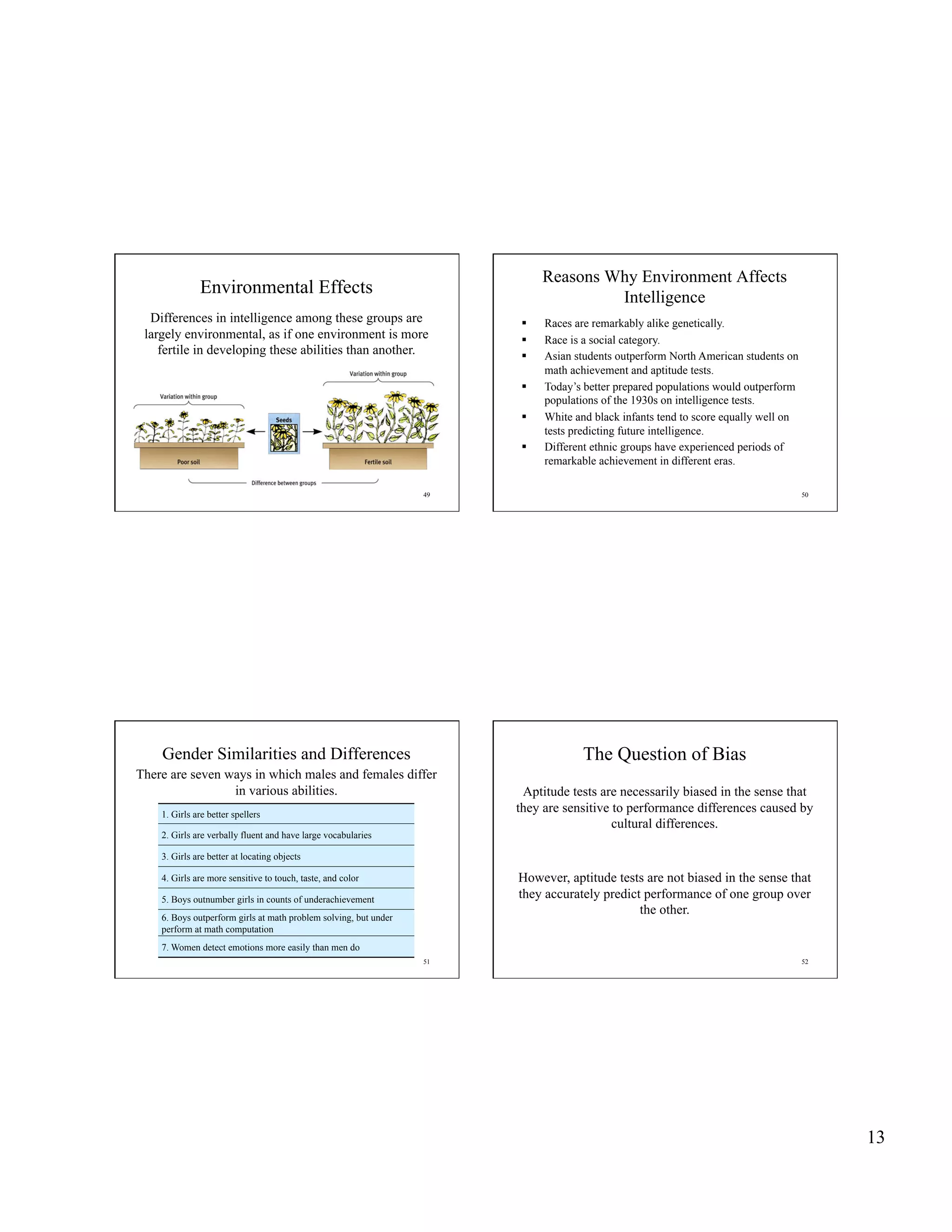 Reasons Why Environment Affects
              Environmental Effects                                                   Intelligence
  Differences in intelligence among these groups are                        Races are remarkably alike genetically.
 largely environmental, as if one environment is more                       Race is a social category.
    fertile in developing these abilities than another.                     Asian students outperform North American students on
                                                                             math achievement and aptitude tests.
                                                                            Today’s better prepared populations would outperform
                                                                             populations of the 1930s on intelligence tests.
                                                                            White and black infants tend to score equally well on
                                                                             tests predicting future intelligence.
                                                                            Different ethnic groups have experienced periods of
                                                                             remarkable achievement in different eras.

                                                                  49                                                                 50




    Gender Similarities and Differences                                              The Question of Bias
There are seven ways in which males and females differ
                 in various abilities.                                  Aptitude tests are necessarily biased in the sense that
    1. Girls are better spellers
                                                                       they are sensitive to performance differences caused by
                                                                                          cultural differences.
    2. Girls are verbally fluent and have large vocabularies

    3. Girls are better at locating objects

    4. Girls are more sensitive to touch, taste, and color             However, aptitude tests are not biased in the sense that
    5. Boys outnumber girls in counts of underachievement              they accurately predict performance of one group over
                                                                                              the other.
    6. Boys outperform girls at math problem solving, but under
    perform at math computation
    7. Women detect emotions more easily than men do
                                                                  51                                                                 52




                                                                                                                                          13
 
