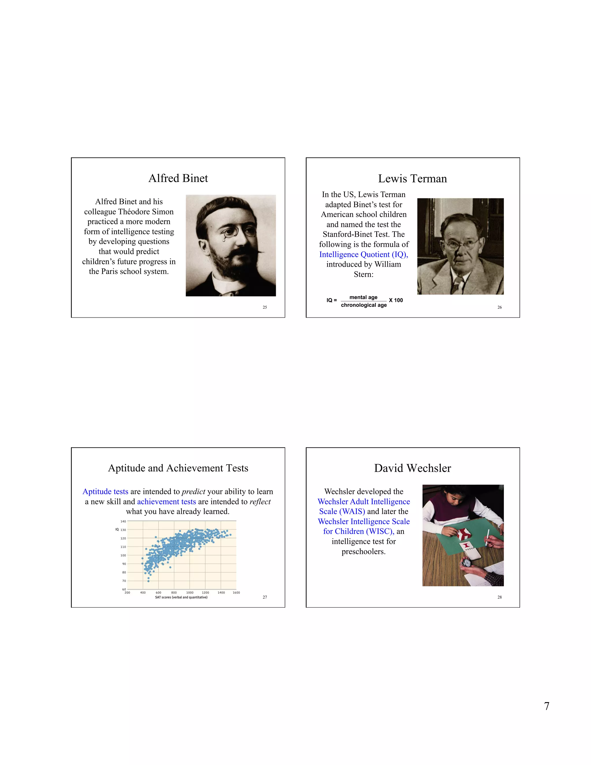 Alfred Binet                                                Lewis Terman
                                                                In the US, Lewis Terman
    Alfred Binet and his                                         adapted Binet’s test for
 colleague Théodore Simon                                       American school children
  practiced a more modern                                        and named the test the
form of intelligence testing                                    Stanford-Binet Test. The
  by developing questions                                      following is the formula of
      that would predict                                       Intelligence Quotient (IQ),
children’s future progress in                                    introduced by William
  the Paris school system.                                                Stern:


                                                        25                                      26




        Aptitude and Achievement Tests                                         David Wechsler
Aptitude tests are intended to predict your ability to learn    Wechsler developed the
a new skill and achievement tests are intended to reflect      Wechsler Adult Intelligence
             what you have already learned.                    Scale (WAIS) and later the
                                                               Wechsler Intelligence Scale
                                                                for Children (WISC), an
                                                                   intelligence test for
                                                                      preschoolers.




                                                        27                                      28




                                                                                                     7
 