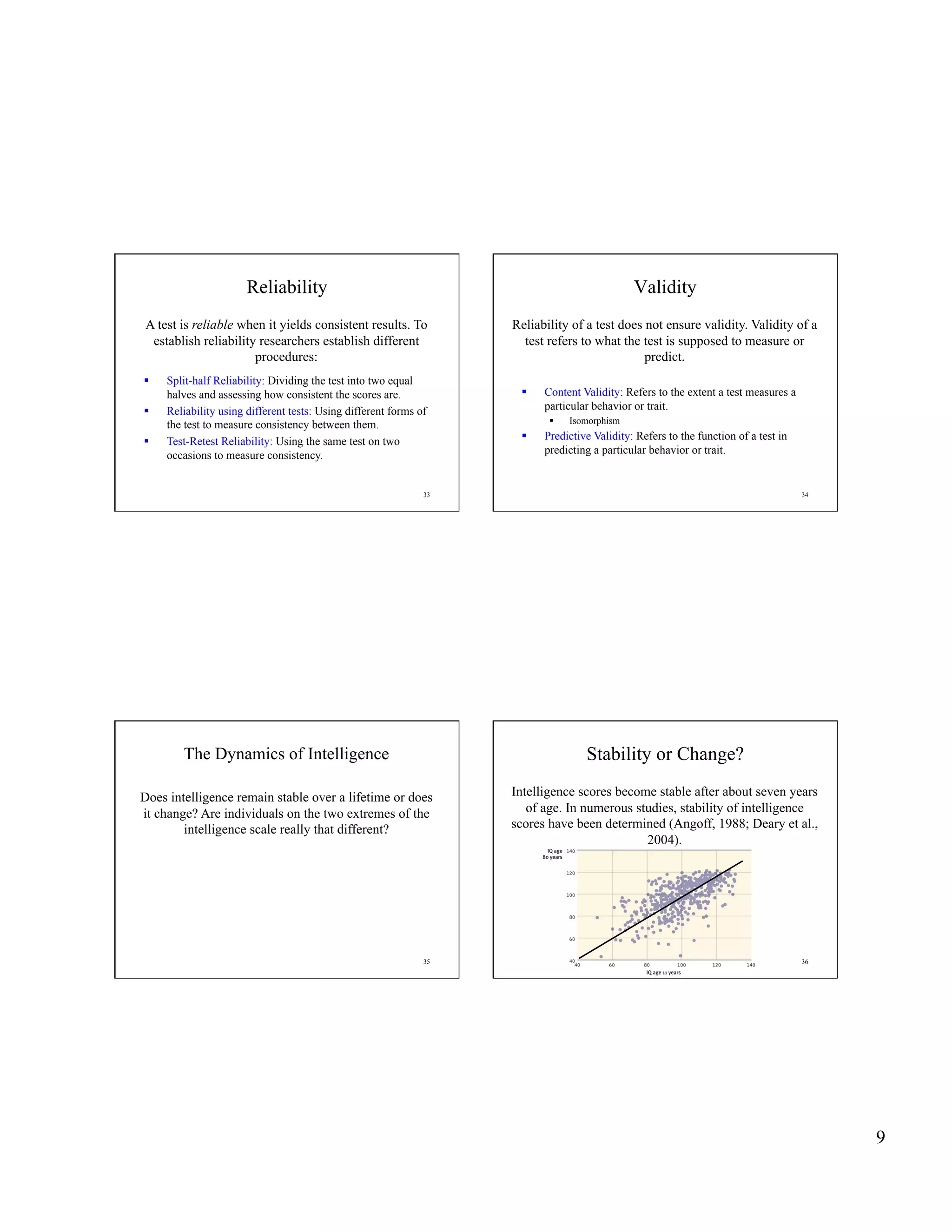 Reliability                                                            Validity
A test is reliable when it yields consistent results. To            Reliability of a test does not ensure validity. Validity of a
 establish reliability researchers establish different                test refers to what the test is supposed to measure or
                      procedures:                                                              predict.
    Split-half Reliability: Dividing the test into two equal
     halves and assessing how consistent the scores are.                 Content Validity: Refers to the extent a test measures a
    Reliability using different tests: Using different forms of          particular behavior or trait.
     the test to measure consistency between them.                             Isomorphism

    Test-Retest Reliability: Using the same test on two                 Predictive Validity: Refers to the function of a test in
     occasions to measure consistency.                                    predicting a particular behavior or trait.


                                                               33                                                                    34




        The Dynamics of Intelligence                                               Stability or Change?

Does intelligence remain stable over a lifetime or does             Intelligence scores become stable after about seven years
it change? Are individuals on the two extremes of the                  of age. In numerous studies, stability of intelligence
        intelligence scale really that different?                   scores have been determined (Angoff, 1988; Deary et al.,
                                                                                             2004).




                                                               35                                                                    36




                                                                                                                                          9
 