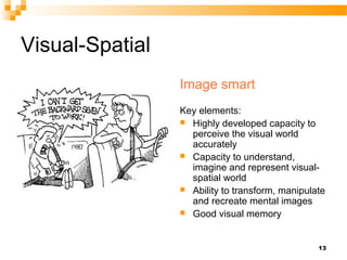 Visual-Spatial
                 Image smart
                 Key elements:
                  Highly developed capacity to
                   perceive the visual world
                   accurately
                  Capacity to understand,
                   imagine and represent visual-
                   spatial world
                  Ability to transform, manipulate
                   and recreate mental images
                  Good visual memory



                                                 13
 