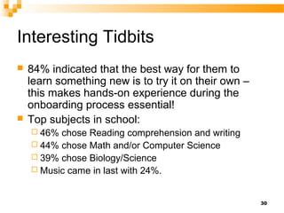 Interesting Tidbits
   84% indicated that the best way for them to
    learn something new is to try it on their own –
    this makes hands-on experience during the
    onboarding process essential!
   Top subjects in school:
     46% chose Reading comprehension and writing
     44% chose Math and/or Computer Science
     39% chose Biology/Science
     Music came in last with 24%.



                                                      30
 