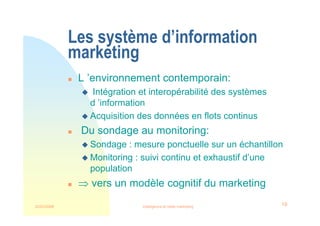 22/03/2008 Intelligence et veille marketing 19
Les système d’information
marketing
 L ’environnement contemporain:
 Intégration et interopérabilité des systèmes
d ’information
 Acquisition des données en flots continus
 Du sondage au monitoring:
 Sondage : mesure ponctuelle sur un échantillon
 Monitoring : suivi continu et exhaustif d’une
population
 ⇒ vers un modèle cognitif du marketing
 