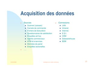 22/03/2008 Intelligence et veille marketing 23
Acquisition des données
 Sources
 Scanner (caisses)
 Carnets de commande
 Fichiers de facturation
 Questionnaires de satisfaction
 Enquêtes ad hoc
 Agents commerciaux
 ATM et e-services.
 Données de panel
 Enquêtes sectorielles
 ….
 Connexions
 LAN.
 Intranet.
 Internet.
 E.D.I.
 CRM
 Datawarehouse
 BDM
 