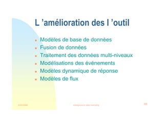 22/03/2008 Intelligence et veille marketing 66
L ’amélioration des l ’outil
 Modèles de base de données
 Fusion de données
 Traitement des données multi-niveaux
 Modélisations des événements
 Modèles dynamique de réponse
 Modèles de flux
 