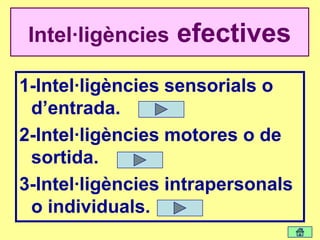 1-Intel·ligències
     sensorials o
      d’entrada.
Donen informació al cervell.
 
