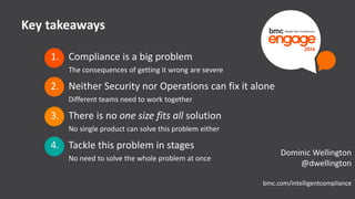 © Copyright 1/6/2015 BMC Software, Inc23
Key takeaways
1. Compliance is a big problem
The consequences of getting it wrong are severe
2. Neither Security nor Operations can fix it alone
Different teams need to work together
3. There is no one size fits all solution
No single product can solve this problem either
4. Tackle this problem in stages
No need to solve the whole problem at once
Dominic Wellington
@dwellington
bmc.com/intelligentcompliance
 