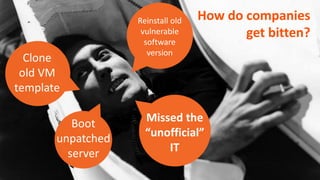 © Copyright 1/6/2015 BMC Software, Inc8
Clone
old VM
template
Reinstall old
vulnerable
software
version
Boot
unpatched
server
Missed the
“unofficial”
IT
How do companies
get bitten?
 