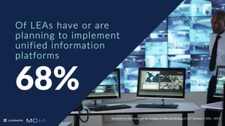 4
68%
Of LEAs have or are
planning to implement
unified information
platforms
Research on the Impact of Technology on Policing Strategy in 21st Century – DOJ - 2017
 