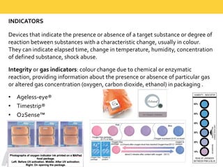 INDICATORS
Devices  that  indicate  the  presence  or  absence  of  a  target  substance  or  degree  of  
reaction  between  substances  with  a  characteristic  change,  usually  in  colour.
They  can  indicate  elapsed  time,  change  in  temperature,  humidity,  concentration  
of  defined  substance,  shock  abuse.  
Integrity  or gas  indicators:  colour change  due  to  chemical  or  enzymatic  
reaction,  providing  information  about  the  presence  or  absence  of  particular  gas  
or  altered  gas  concentration  (oxygen,  carbon  dioxide,  ethanol)  in  packaging  .  
• Ageless-­‐eye®  
• Timestrip®  
• O2Sense™
 