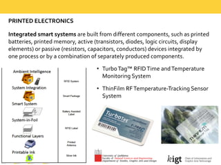 PRINTED  ELECTRONICS
Integrated  smart  systems  are  built  from  different  components,  such  as  printed  
batteries,  printed  memory,  active  (transistors,  diodes,  logic  circuits,  display  
elements)  or  passive  (resistors,  capacitors,  conductors)  devices  integrated  by  
one  process  or  by  a  combination  of  separately  produced  components.
• Turbo  Tag™  RFID  Time  and  Temperature  
Monitoring  System
• ThinFilm RF  Temperature-­‐Tracking  Sensor  
System
 