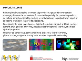 FUNCTIONAL  INKS  
Printing  inks  in  packaging  are  made  to  provide  images  and  deliver  certain  
message,  they  can  be  spot  colors,  formulated  especially  for  particular  product,  
or  include  some  functionality,  such  as  security  features  to  protect  from  fraud,  or  
add  some  intelligent  features  to  packaging.  
Functional  inks  need  to  perform  certain  tasks,  such  as  conduct  or  block  electric  
current,  change  color.  They  may  possess  electromagnetic,  thermal,  chemical,  
optical  properties.  
Inks  may  be  conductive,  semiconductive,  dielectric,  thermochromic,  
photochromic,  magnetic  or  may  have  another  targeted  functionality.  
 