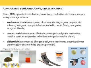 CONDUCTIVE,  SEMICONDUCTIVE,  DIELECTRIC  INKS
Uses:  RFID,  optoelectronic  devices,  transistors,  conductive  electrodes,  sensors,  
energy-­‐storage  devices.  
• semiconductive inks  composed  of  semiconducting  organic  polymers  in  
solvents,  inorganic  nanoparticles  suspended  in  carrier  fluids,  or  organic-­‐
inorganic  blends;  
• conductive  inks composed  of  conductive  organic  polymers  in  solvents,  
metallic  particles  suspended  in  binders  or  organic-­‐metallic  blends;
• dielectric  inks composed  of  organic  polymers  in  solvents,  organic  polymer  
thermosets  or  ceramic-­‐filled  organic  polymers.
Organic  semiconductive powder  -­‐ solution
 