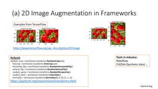 (a) 2D Image Augmentation in Frameworks
PyTorch
random_crop = torchvision.transforms.RandomCrop(size)
fivecrop = torchvision.transforms.FiveCrop(size)
horizontal_flip = torchvision.transforms.RandomHorizontalFlip()
vertical_flip = torchvision.transforms.RandomVerticalFlip()
random_persp = torchvision.transforms.RandomPerspective()
random_jitter = torchvision.transforms.ColorJitter()
normalize = torchvision.transforms.Normalize([0, 0, 0], [1, 1, 1])
https://pytorch.org/vision/main/transforms.html
Examples from TensorFlow
https://www.tensorflow.org/api_docs/python/tf/image
Tools in industry:
Roboflow,
CVEDIA (Synthetic data) …
Optimal Aug
 