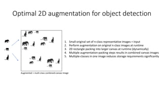 Optimal 2D augmentation for object detection
1. Small original set of n-class representative images = input
2. Perform augmentation on original n-class images at runtime
3. 2D rectangle packing into larger canvas at runtime (dynamically)
4. Multiple augmentation-packing steps results in combined canvas images
5. Multiple-classes in one image reduces storage requirements significantly
Augmented + multi-class combined-canvas image
 