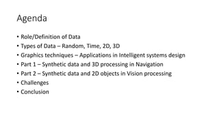 Agenda
• Role/Definition of Data
• Types of Data – Random, Time, 2D, 3D
• Graphics techniques – Applications in Intelligent systems design
• Part 1 – Synthetic data and 3D processing in Navigation
• Part 2 – Synthetic data and 2D objects in Vision processing
• Challenges
• Conclusion
 