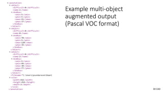 Example multi-object
augmented output
(Pascal VOC format)
3D CAD
 