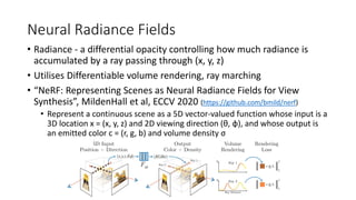 Neural Radiance Fields
• Radiance - a differential opacity controlling how much radiance is
accumulated by a ray passing through (x, y, z)
• Utilises Differentiable volume rendering, ray marching
• “NeRF: Representing Scenes as Neural Radiance Fields for View
Synthesis”, MildenHall et al, ECCV 2020 (https://github.com/bmild/nerf)
• Represent a continuous scene as a 5D vector-valued function whose input is a
3D location x = (x, y, z) and 2D viewing direction (θ, φ), and whose output is
an emitted color c = (r, g, b) and volume density σ
 