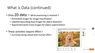 What is Data (continued)
• Onto 2D data – What processing is involved ?
• Annotated images for image classification
• Labelled (bounding-box) images for object detection
• Segmented (pixel-wise) images for object segmentation
• These activities require effort !
• Currently being solved with human effort
 