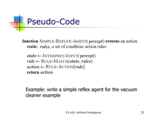 Pseudo-Code
Example: write a simple reflex agent for the vacuum
cleaner example
31
CS 420: Artificial Intelligence
 
