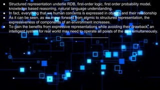 ● Structured representation underlie RDB, first-order logic, first order probability model,
knowledge based reasoning, natural language understanding.
● In fact, everything that we human concerns is expressed in objects and their relationship
● As it can be seen, as we move forward from atomic to structured representation, the
expressiveness of components of an environment increases.
● To gain the benefits from expressive representations while avoiding their drawback, an
intelligent system for real world may need to operate all points of the axis simultaneously.
_______________________
 