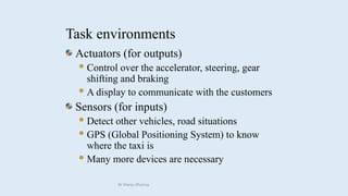 Actuators (for outputs)
Control over the accelerator, steering, gear
shifting and braking
A display to communicate with the customers
Sensors (for inputs)
Detect other vehicles, road situations
GPS (Global Positioning System) to know
where the taxi is
Many more devices are necessary
Task environments
Dr Manju Khanna
 