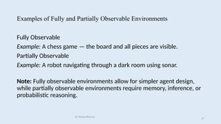 Examples of Fully and Partially Observable Environments
Fully Observable
Example: A chess game — the board and all pieces are visible.
Partially Observable
Example: A robot navigating through a dark room using sonar.
Note: Fully observable environments allow for simpler agent design,
while partially observable environments require memory, inference, or
probabilistic reasoning.
Dr Manju Khanna
27
 