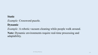 Static
Example: Crossword puzzle.
Dynamic
Example: A robotic vacuum cleaning while people walk around.
Note: Dynamic environments require real-time processing and
adaptability.
Dr Manju Khanna
33
 