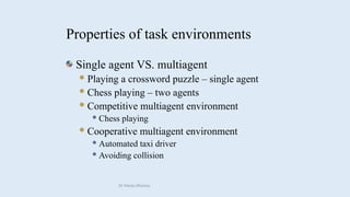 Single agent VS. multiagent
Playing a crossword puzzle – single agent
Chess playing – two agents
Competitive multiagent environment
 Chess playing
Cooperative multiagent environment
 Automated taxi driver
 Avoiding collision
Properties of task environments
Dr Manju Khanna
 