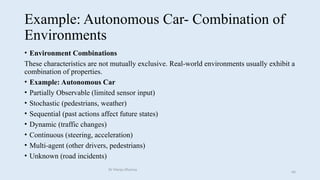 Example: Autonomous Car- Combination of
Environments
• Environment Combinations
These characteristics are not mutually exclusive. Real-world environments usually exhibit a
combination of properties.
• Example: Autonomous Car
• Partially Observable (limited sensor input)
• Stochastic (pedestrians, weather)
• Sequential (past actions affect future states)
• Dynamic (traffic changes)
• Continuous (steering, acceleration)
• Multi-agent (other drivers, pedestrians)
• Unknown (road incidents)
Dr Manju Khanna
40
 