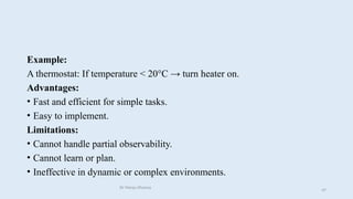 Example:
A thermostat: If temperature < 20°C → turn heater on.
Advantages:
• Fast and efficient for simple tasks.
• Easy to implement.
Limitations:
• Cannot handle partial observability.
• Cannot learn or plan.
• Ineffective in dynamic or complex environments.
Dr Manju Khanna
47
 