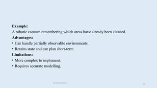 Example:
A robotic vacuum remembering which areas have already been cleaned.
Advantages:
• Can handle partially observable environments.
• Retains state and can plan short-term.
Limitations:
• More complex to implement.
• Requires accurate modelling.
Dr Manju Khanna
50
 