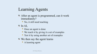 Learning Agents
After an agent is programmed, can it work
immediately?
 No, it still need teaching
In AI,
 Once an agent is done
 We teach it by giving it a set of examples
 Test it by using another set of examples
We then say the agent learns
 A learning agent
Dr Manju Khanna
 
