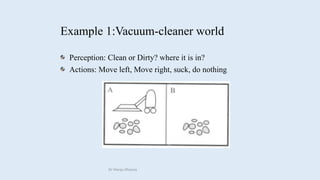 Example 1:Vacuum-cleaner world
Perception: Clean or Dirty? where it is in?
Actions: Move left, Move right, suck, do nothing
Dr Manju Khanna
 