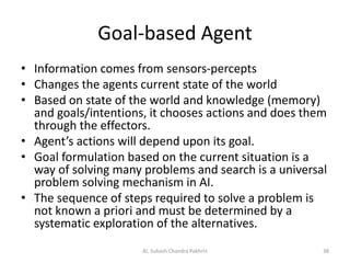 Goal-based Agent
• Information comes from sensors-percepts
• Changes the agents current state of the world
• Based on state of the world and knowledge (memory)
and goals/intentions, it chooses actions and does them
through the effectors.
• Agent’s actions will depend upon its goal.
• Goal formulation based on the current situation is a
way of solving many problems and search is a universal
problem solving mechanism in AI.
• The sequence of steps required to solve a problem is
not known a priori and must be determined by a
systematic exploration of the alternatives.
38AI, Subash Chandra Pakhrin
 