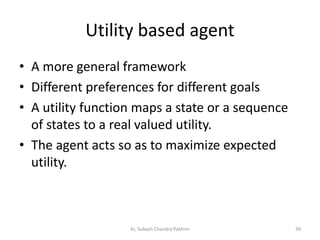 Utility based agent
• A more general framework
• Different preferences for different goals
• A utility function maps a state or a sequence
of states to a real valued utility.
• The agent acts so as to maximize expected
utility.
39AI, Subash Chandra Pakhrin
 