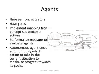 Agents
• Have sensors, actuators
• Have goals
• Implement mapping from
percept sequence to
actions
• Performance measure to
evaluate agents
• Autonomous agent decide
autonomously which
action to take in the
current situation to
maximize progress towards
its goals.
8AI, Subash Chandra Pakhrin
 