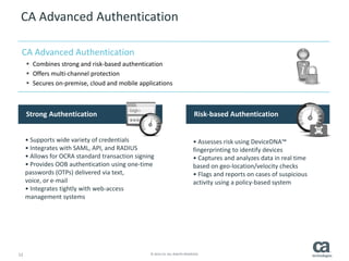12 © 2014 CA. ALL RIGHTS RESERVED.
CA Advanced Authentication
Strong Authentication
• Supports wide variety of credentials
• Integrates with SAML, API, and RADIUS
• Allows for OCRA standard transaction signing
• Provides OOB authentication using one-time
passwords (OTPs) delivered via text,
voice, or e-mail
• Integrates tightly with web-access
management systems
Risk-based Authentication
• Assesses risk using DeviceDNA™
fingerprinting to identify devices
• Captures and analyzes data in real time
based on geo-location/velocity checks
• Flags and reports on cases of suspicious
activity using a policy-based system
CA Advanced Authentication
 Combines strong and risk-based authentication
 Offers multi-channel protection
 Secures on-premise, cloud and mobile applications
 