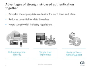 13
© 2014 CA. All rights reserved.
Advantages of strong, risk-based authentication
together
• Provides the appropriate credential for each time and place
• Reduces potential for data breaches
• Helps comply with industry regulations
 