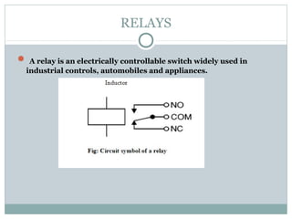 RELAYS
 A relay is an electrically controllable switch widely used in
industrial controls, automobiles and appliances.
 