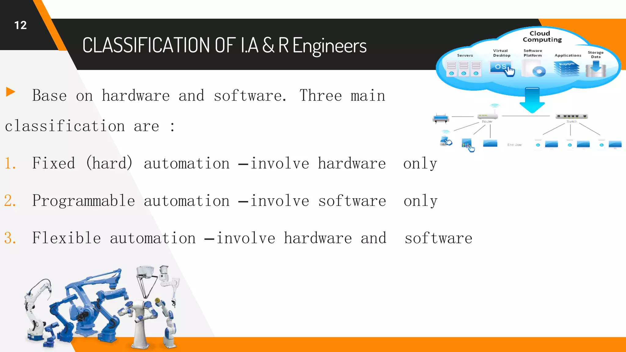 CLASSIFICATION OF I.A &R Engineers
▸ Base on hardware and software. Three main
classification are :
1. Fixed (hard) automation –involve hardware only
2. Programmable automation –involve software only
3. Flexible automation –involve hardware and software
12
 