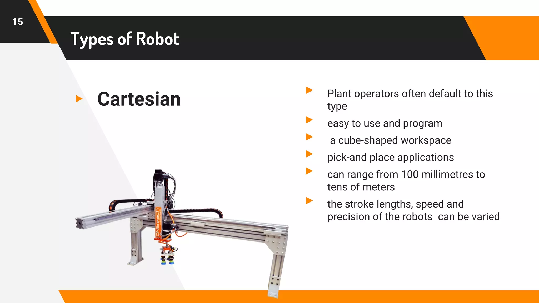 Types of Robot
▸ Cartesian ▸ Plant operators often default to this
type
▸ easy to use and program
▸ a cube-shaped workspace
▸ pick-and place applications
▸ can range from 100 millimetres to
tens of meters
▸ the stroke lengths, speed and
precision of the robots can be varied
15
 