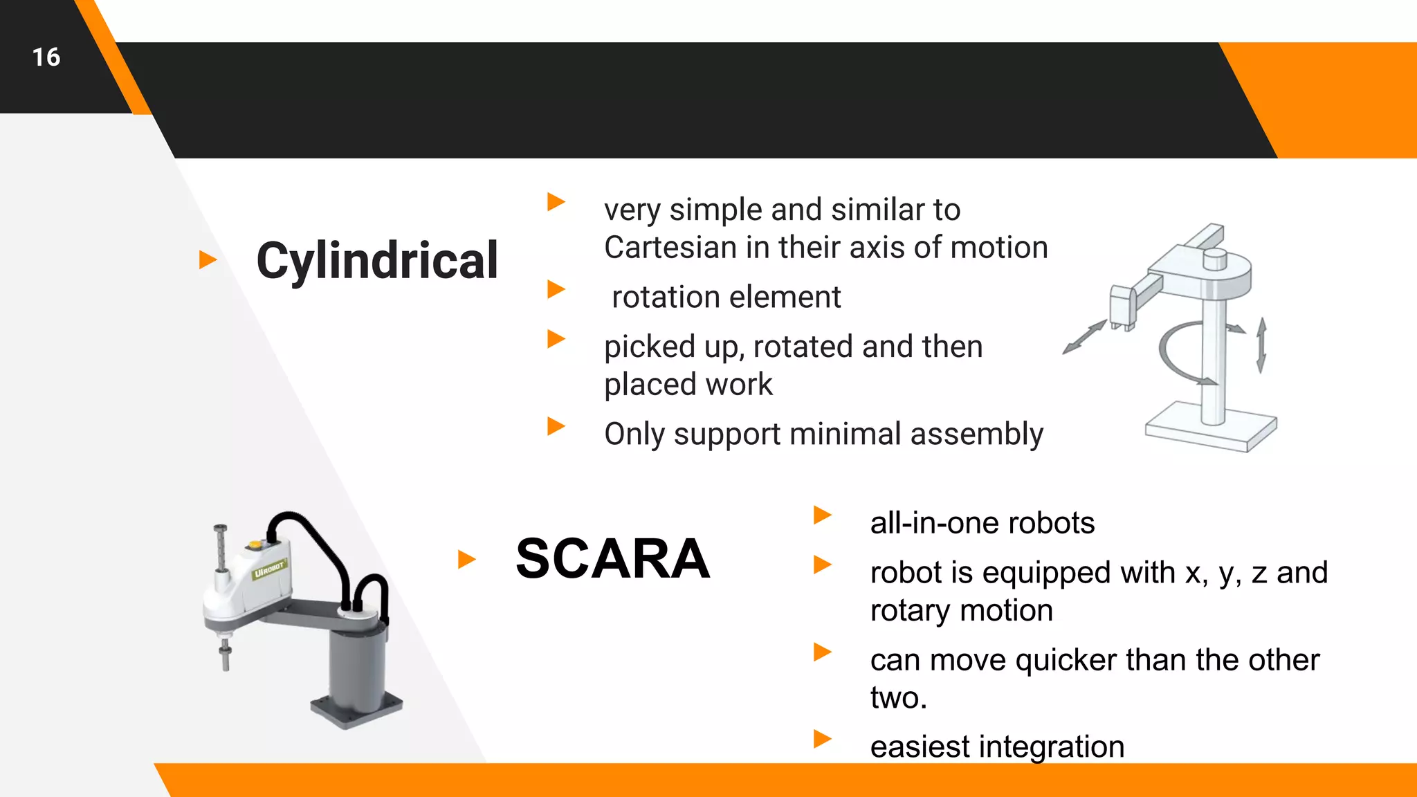 ▸ Cylindrical
▸ very simple and similar to
Cartesian in their axis of motion
▸ rotation element
▸ picked up, rotated and then
placed work
▸ Only support minimal assembly
16
▸ SCARA
▸ all-in-one robots
▸ robot is equipped with x, y, z and
rotary motion
▸ can move quicker than the other
two.
▸ easiest integration
 