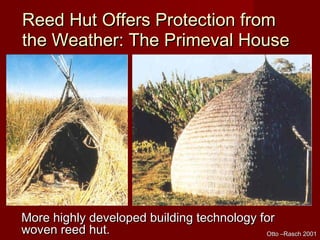 Reed Hut Offers Protection fromReed Hut Offers Protection from
the Weather: The Primeval Housethe Weather: The Primeval House
More highly developed building technology forMore highly developed building technology for
woven reed hut.woven reed hut. Otto –Rasch 2001Otto –Rasch 2001
 