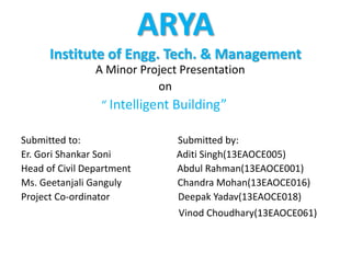 ARYA
Institute of Engg. Tech. & Management
A Minor Project Presentation
on
“ Intelligent Building”
Submitted to: Submitted by:
Er. Gori Shankar Soni Aditi Singh(13EAOCE005)
Head of Civil Department Abdul Rahman(13EAOCE001)
Ms. Geetanjali Ganguly Chandra Mohan(13EAOCE016)
Project Co-ordinator Deepak Yadav(13EAOCE018)
Vinod Choudhary(13EAOCE061)
 