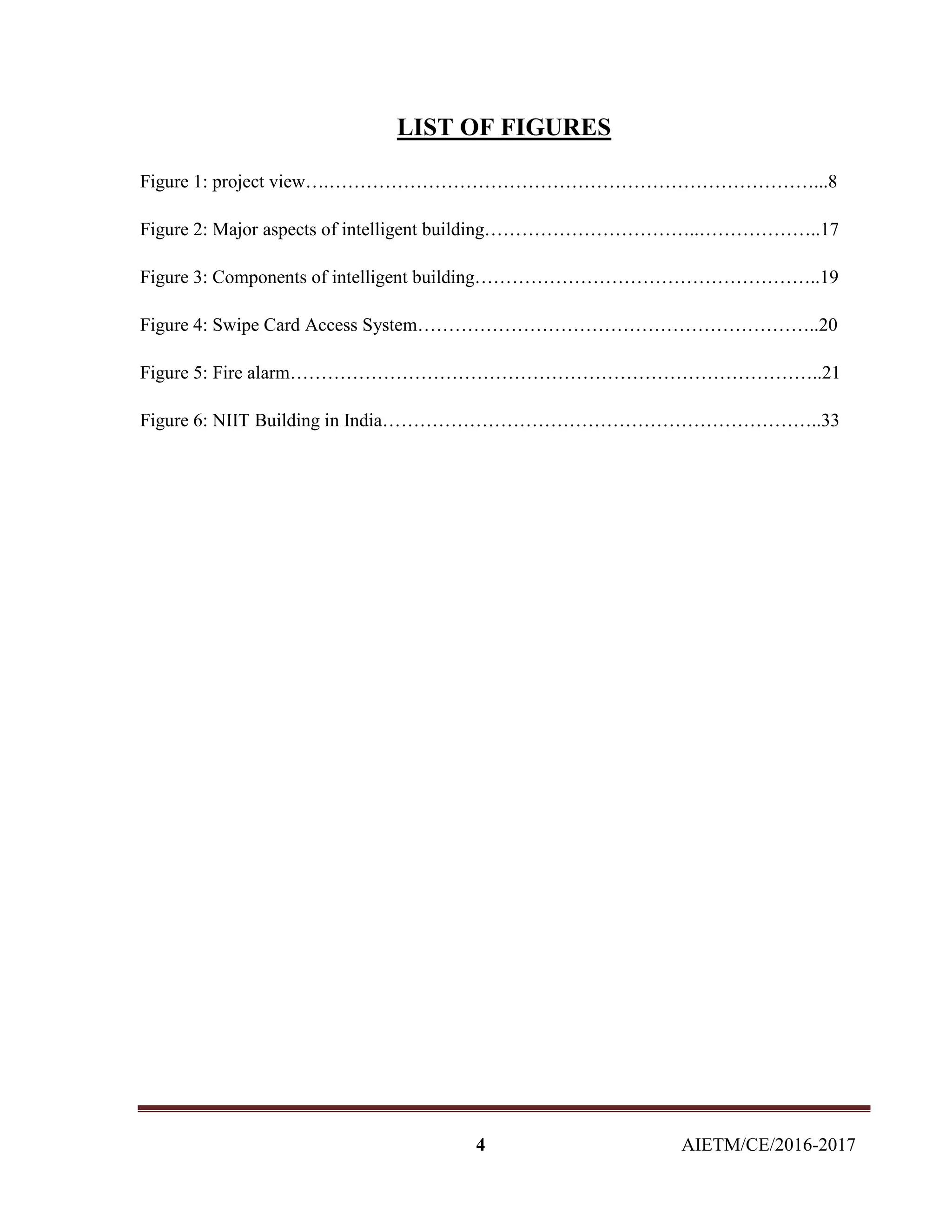 4 AIETM/CE/2016-2017
LIST OF FIGURES
Figure 1: project view….……………………………………………………………………...8
Figure 2: Major aspects of intelligent building……………………………..………………..17
Figure 3: Components of intelligent building………………………………………………..19
Figure 4: Swipe Card Access System………………………………………………………..20
Figure 5: Fire alarm…………………………………………………………………………..21
Figure 6: NIIT Building in India……………………………………………………………..33
 